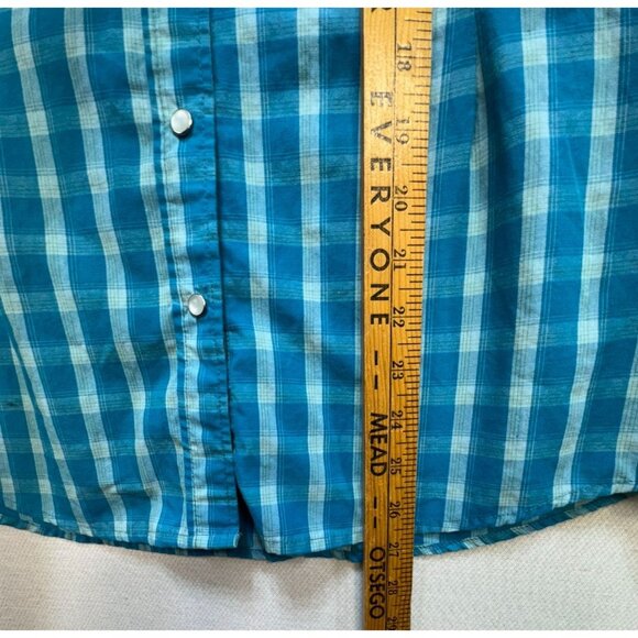 Bit & Bridle Womens Button-Up Short Sleeve Shirt L Blue Plaid Embroidered Accent - Picture 6 of 9